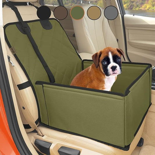 Extra Stable Dog Car Seat - Robust Car Dog Seat or Puppy Car Seat for Small to Medium-Sized Dogs - Reinforced Walls and 3 Belts - Waterproof Pet Car Seat for Back and Front Seat (Khaki/Black)