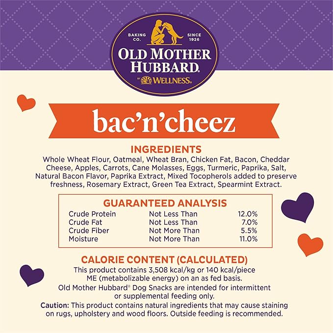 Old Mother Hubbard by Wellness Classic Bac'N'Cheez Natural Dog Treats, Crunchy Oven-Baked Biscuits, Ideal for Training, Large Size, 3 Pound (Pack of 1)