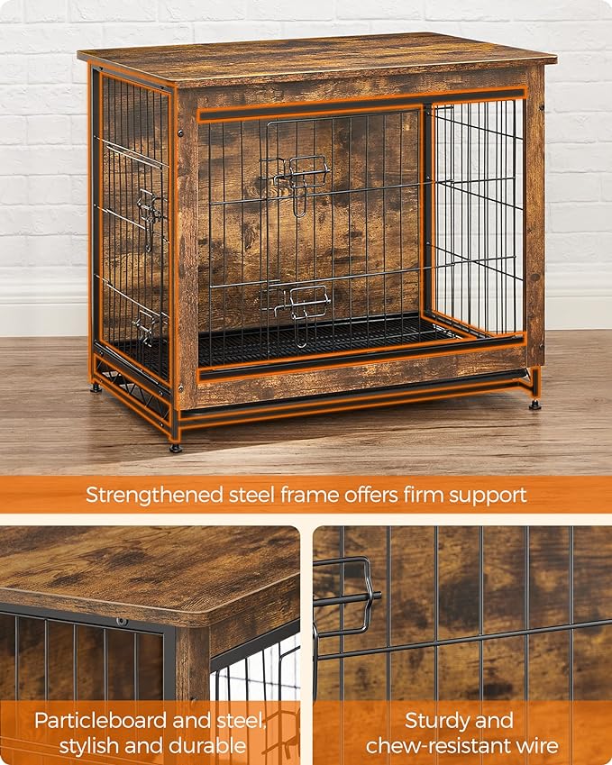 Feandrea Dog Crate Furniture, Side End Table, Modern Kennel for Dogs Indoor up to 30 lb, Heavy-Duty Dog Cage with Multi-Purpose Removable Tray, Double-Door Dog House, Rustic Brown UPFC001X01