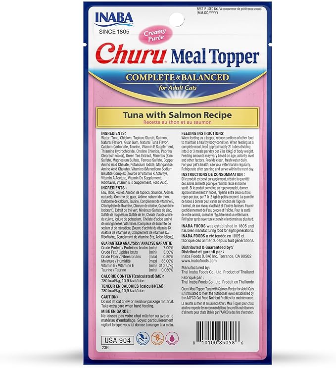 INABA Churu Meal Topper for Cats, Complete & Balanced, Creamy, Lickable Purée Cat Food Topper, 0.5 Ounce Tube, 24 Tubes (4 per Pack), Tuna with Salmon Recipe