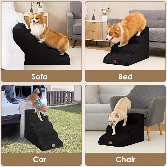 EHEYCIGA Curved Dog Stairs for High Beds 19.7" H, 4-Step Dog Steps for Small Dogs and Cats, Pet Stairs for High Bed Climbing, Non-Slip Balanced Pet Step Indoor, Black