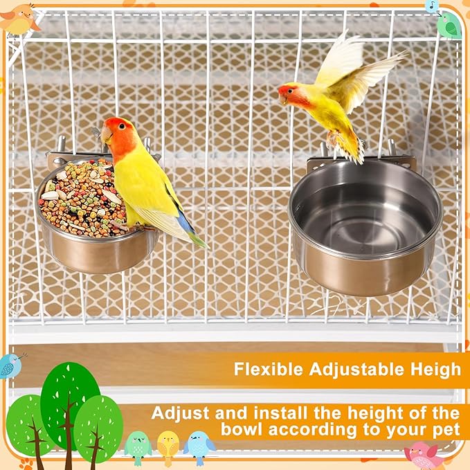 2 Pcs Bird Bowls for Cage Stainless Steel, Small Bird Cage Feeding Dish Cups, 10Oz + 17Oz Detachable Parrot Water Feeder Bowls with Clamp Pet Food Water Hanging Bowls for Small Dog Cat