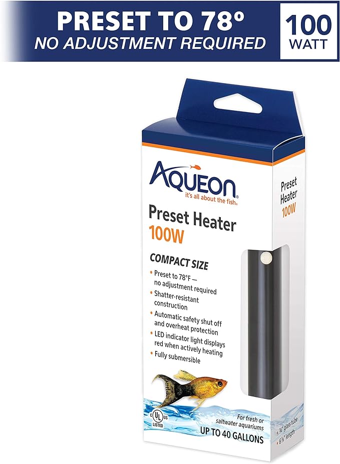 Aqueon Aquarium Fish Tank Preset Heater For Up To 40 Gallons, 100 Watts