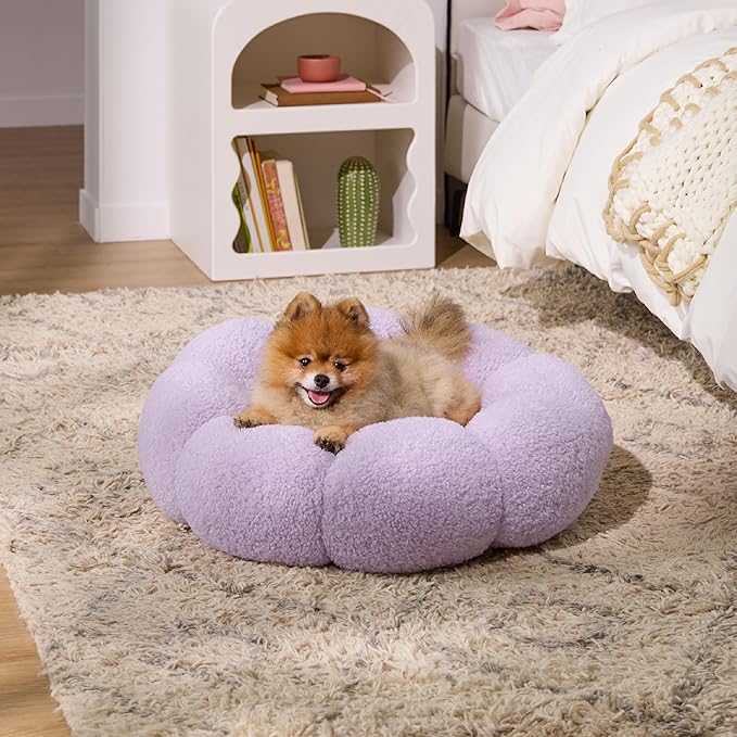 Lesure Calming Small Dog Bed - Flower Donut Round Fluffy Puppy Bed in Plush Teddy Sherpa, Non-Slip Cute Flower Cat Beds for Indoor Cats, Small Pet Bed Fits up to 25 lbs, Machine Washable, Purple 23"