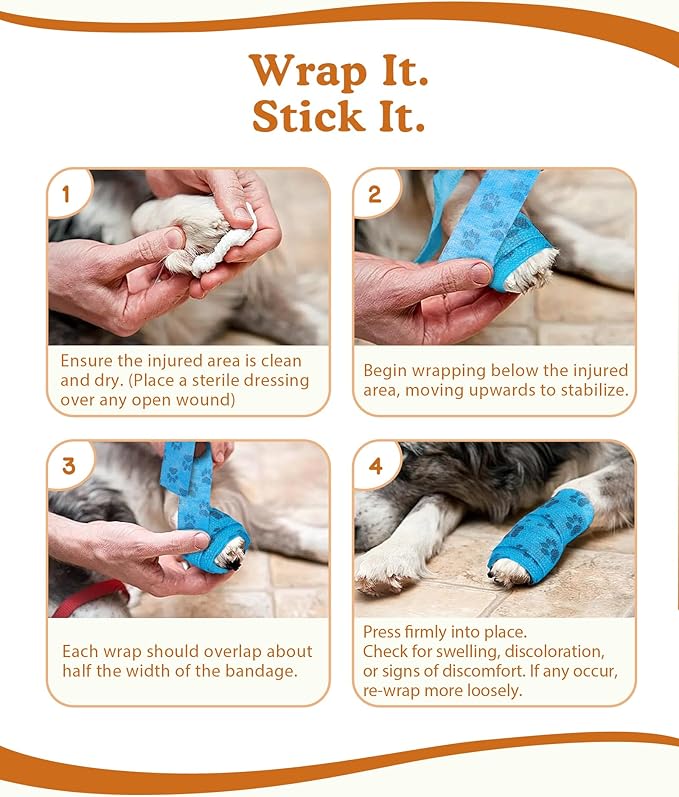 Self Adhesive Bandage Wrap, Bitter Vet Wrap for Dogs No Chew, Self-Sticking Gause Bandage for Wound, Paw, Leg, Tail, Non-Woven Bandage Wrap for Animal Cat Horse Bird (2 Inch, 8 Rolls, 4 Colors)