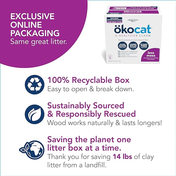 ökocat Less Mess Natural Wood Clumping Cat Litter Mini-Pellets, Great for Long-Hair Breeds, Medium, 14.8 lbs. (Packaging may vary)