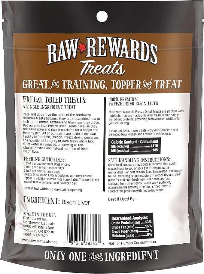 Northwest Naturals Raw Rewards Freeze-Dried Bison Liver Treats for Dogs and Cats - Bite-Sized Pieces - Healthy, 1 Ingredient, Human Grade Pet Food, All Natural - 3 Oz (Pack of 3) (Packaging May Vary)