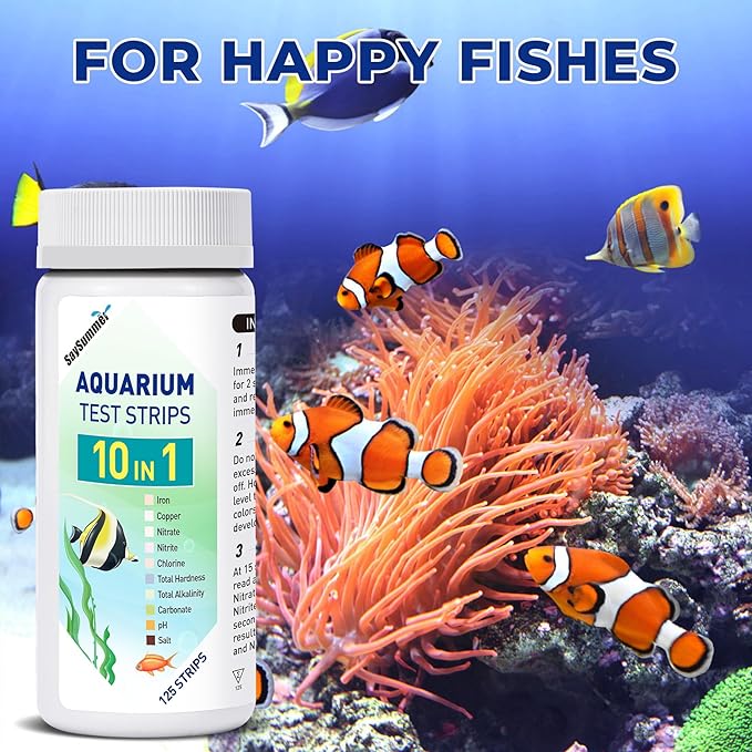 Aquarium Test Strips for Saltwater Tank: 10-in-1 125 Counts Salt Water Aquarium Water Test Kit, Fish Tank Test Strips for Testing Salt Chlorine Copper Nitrate pH and More, AQSTTN24