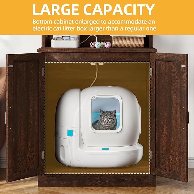 DWVO Large Hidden Litter Box Furniture with Shelves and Charging Station, Wooden Cat Litter Box Enclosure for Self-Cleaning Litter Boxes, Brown Oak