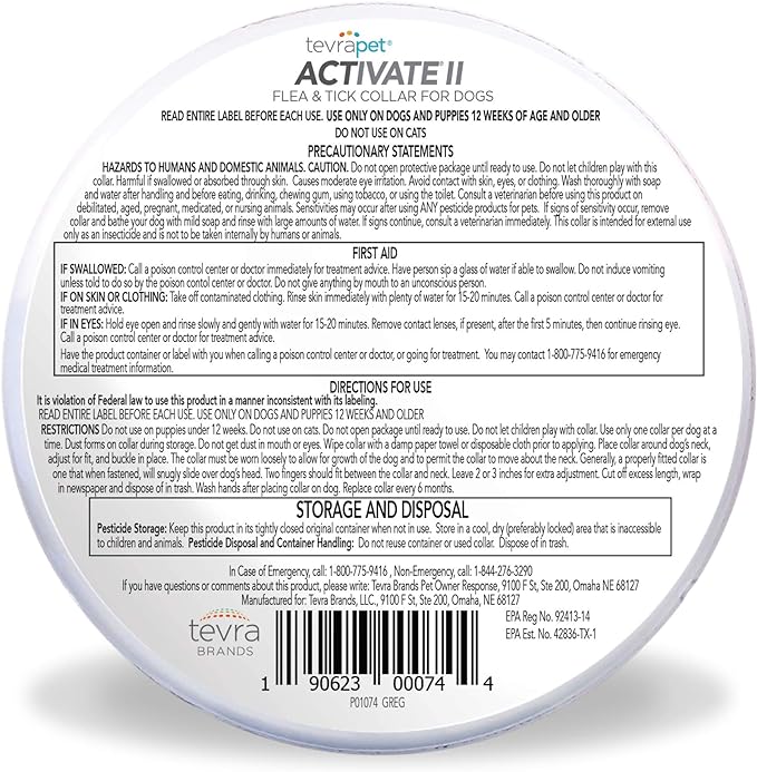 TevraPet Activate II Flea and Tick Collar for Dogs, 12 Months Prevention, 2 Count, One Size Fits All