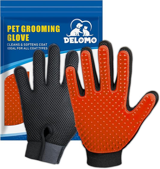 Upgrade Version Pet Grooming Glove - Gentle Deshedding Brush Glove - Efficient Pet Hair Remover Mitt - Enhanced Five Finger Design - Perfect for Dog & Cat with Long & Short Fur - 1 Pair