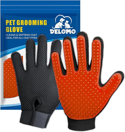 Upgrade Version Pet Grooming Glove - Gentle Deshedding Brush Glove - Efficient Pet Hair Remover Mitt - Enhanced Five Finger Design - Perfect for Dog & Cat with Long & Short Fur - 1 Pair