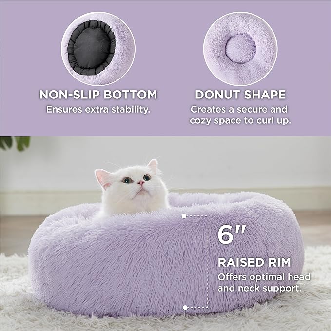 Bedsure Calming Cat Beds for Indoor Cats - Small Cat Bed Washable 20 inches, Anti-Slip Round Fluffy Plush Faux Fur Pet Bed, Fits up to 15 lbs Pets, Purple