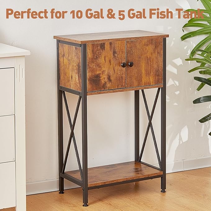 10 Gallon Fish Tank Stand with Cabinet, Double Aquarium Stand for 10 & 5 Gallon Fish Tank, Heavy Metal Stand with Stable Structure, Adjustable Table Feet & Anti-tilt Device - Rustic Brown