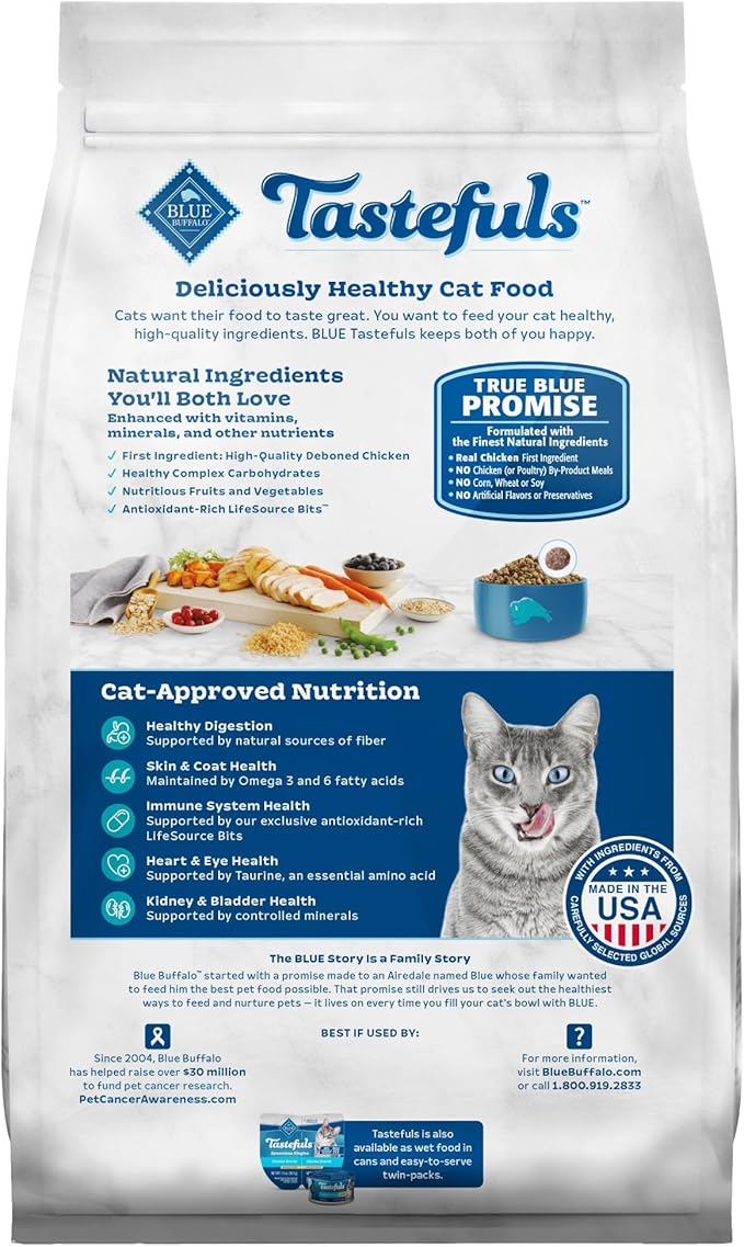 Blue Buffalo Tastefuls Adult Dry Cat Food Indoor Cat Formula, Made in the USA with Natural Ingredients, Chicken & Brown Rice Recipe, 3-lb. Bag