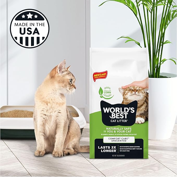 WORLD'S BEST CAT LITTER Comfort Care Unscented, 32-Pounds - Natural Ingredients, Quick Clumping, Flushable, 99% Dust Free & Made in USA - Long-Lasting Odor Control & Easy Scooping packaging may vary