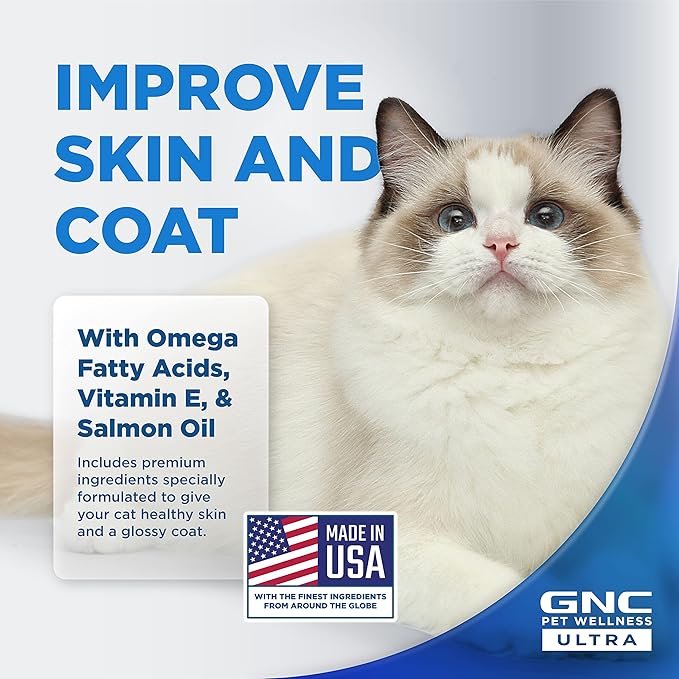 GNC Pets Ultra Skin & Coat Soft Chews, Cats, Chicken Flavor. 60-ct in an 8-oz Canister | Skin and Coat Supplements for Cats in Chewable Chicken Flavor