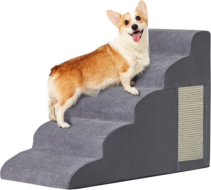 Pet stairs, Dog Stairs for Small Dogs, Dog Steps, 5-Step Curved Dog Ramp for Bed, Couch, Sofa, Car and Chairs, Non-Slip Bottom Design, Cat Scratching Board, High Density Foam Portable Pet Step, Grey