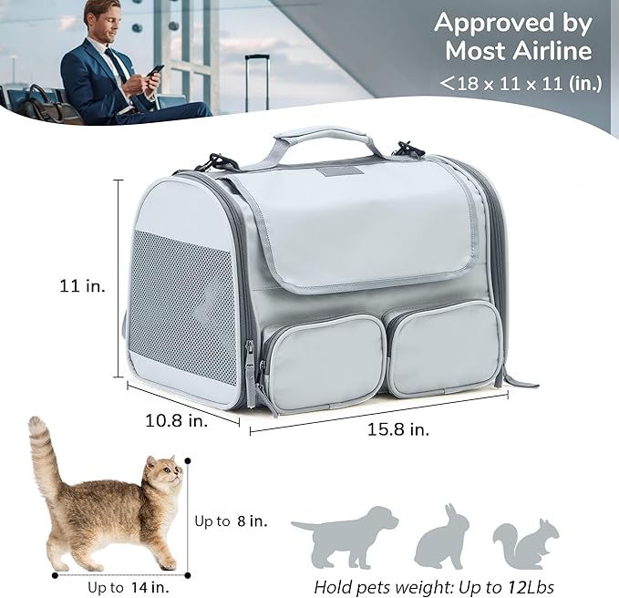 FUKUMARU Cat Carrier, Soft-Sided Pet Carriers for Small Dogs and Medium Cats Under 12lb, Airline Approved Travel Cat Bag with Double-sided Cushion and 4 Storage Bags, Portable and Washable，Grey S