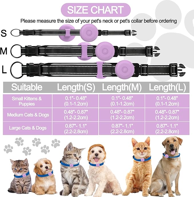 IPX8 Waterproof AirTag Dog Collar Holder, Hidden Air Tag Case for Cat Collar, Anti-Lost Silicone Cover for AirTag GPS Tracker Compatible with Pets Loop, Fits All Width Collars(Purple L)
