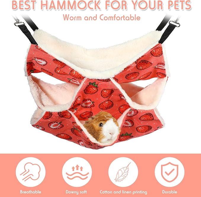 3 Pieces Small Pet Hammock Tunnel Ferret Hammock Hamster Nest Bed Glider Guinea Pig Ferret Hammock Set for Small Pets (Strawberry)