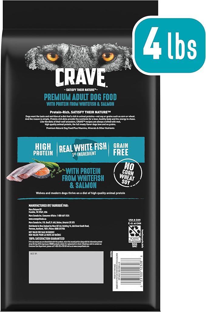 CRAVE Grain Free High Protein Adult Dry Dog Food, White Fish & Salmon, 4 lb. Bag