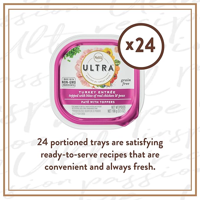 NUTRO ULTRA Grain Free Adult Soft Wet Dog Food Paté With Toppers Turkey Entrée topped with bites of real chicken & peas, 3.5 oz. Trays, Pack of 24