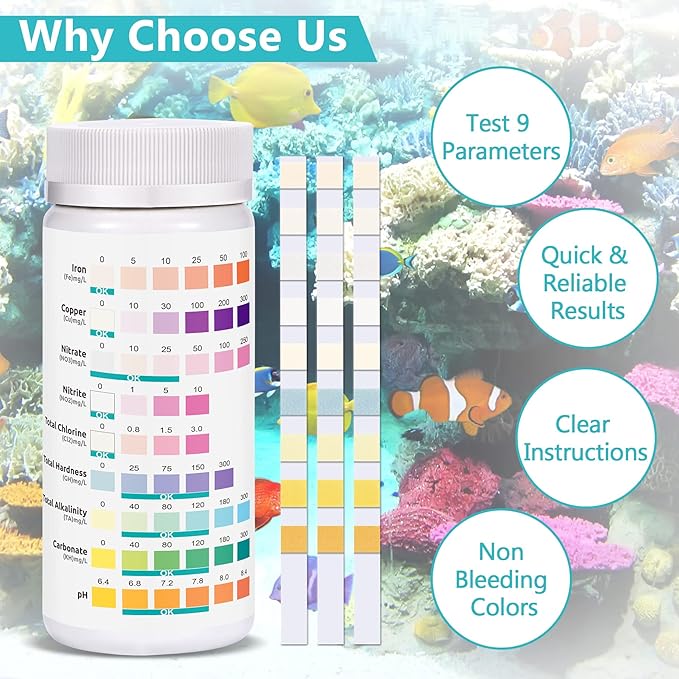 Aquarium Test Strips for Freshwater Fish: 9 in 1 Fish Tank Water Testing Kit for Aquarium Pond - Accurate Testing Nitrate Nitrite Hardness Free Chlorine pH Carbonate Total Alkalinity-100 Strips