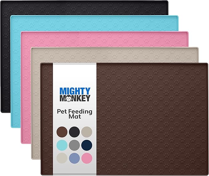 MIGHTY MONKEY 100% Waterproof Dog Food Mat, Raised Edges Silicone Pet Feeding Placemat for Cat, Dogs, Pet Bowls, High Lipped Tray Prevents Water Spills, Food on Floor, Dishwasher Safe, 24x16, Brown