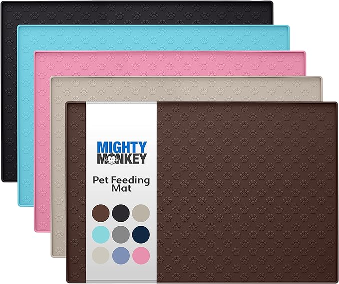 MIGHTY MONKEY 100% Waterproof Dog Food Mat, Raised Edges Silicone Pet Feeding Placemat for Cat, Dogs, Pet Bowls, High Lipped Tray Prevents Water Spills, Food on Floor, Dishwasher Safe, 22x14, Brown