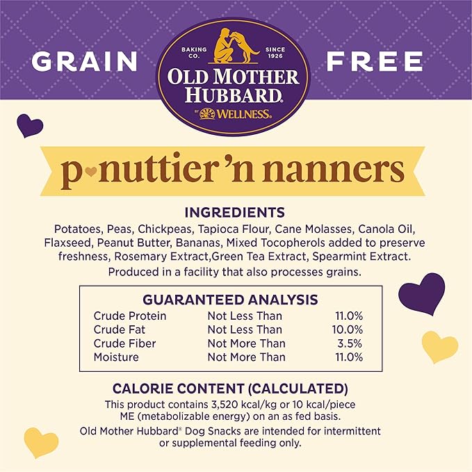 Old Mother Hubbard by Wellness Classic P-Nuttier 'N Nanners Grain Free Natural Dog Treats, Crunchy Oven-Baked Biscuits, Ideal for Training, Mini-Size, 16 ounce bag