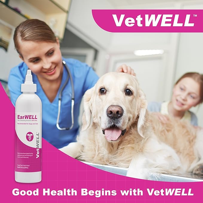 VetWELL Ear Cleaner for Dogs and Cats - Otic Rinse for Infections and Controlling Ear Infections and Odor in Pets - 8 oz (Sweet Pea Vanilla)