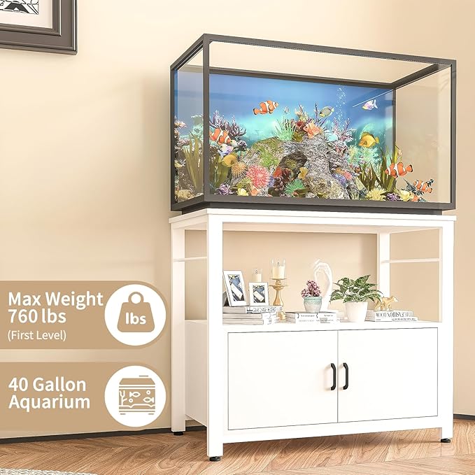 Fish Tank Stand Metal Aquarium Stand with Cabinet Accessories Storage 40-50 Gallon, Double Layer Metal with Storage Weight Capacity 760lbs, White