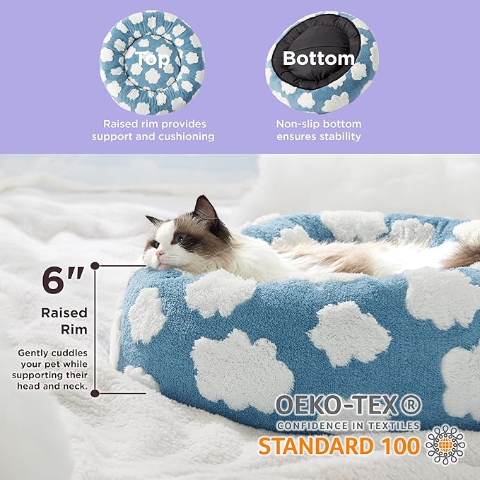 Lesure Cat Beds for Indoor Cats - Round Cat Bed Donut Small Dog Bed Calming Pet Beds, Cute Modern Beds with Jacquard Shaggy Plush & Anti Slip Bottom, 20 Inch, Blue