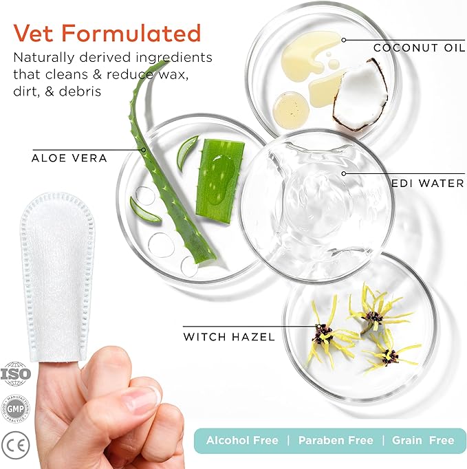 Dog Ear Cleaner Wipes - Cleanser for Dogs - Ear Itching, Dissolves Wax, Dirt & Odor with Coconut Oil & Aloe Vera (50 Finger Wipes)