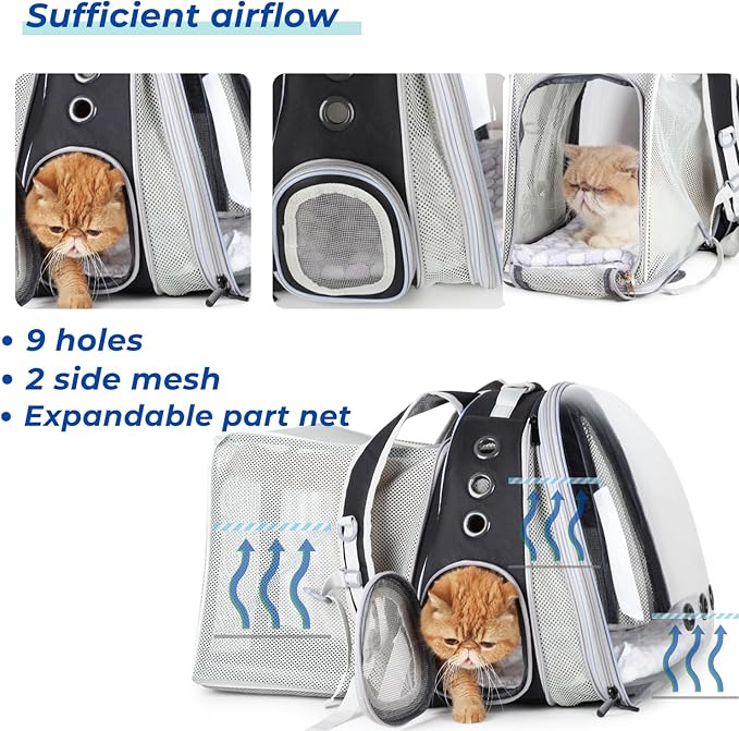 LOLLIMEOW Pet Carrier Backpack, Bubble Backpack Carrier, Cats and Puppies,Airline-Approved, Designed for Travel, Hiking, Walking & Outdoor Use (Dual Expandable-Black)