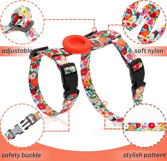 CUSOZWO Cat Harness and Leash Escape Proof for Walking Travel Outdoor - Cute Floral Nylon Adjustable Cute Cat Harness Leash Set with Airtag Holder for Small Large Cats