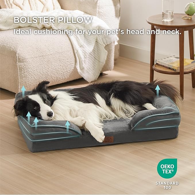 Bedsure Orthopedic Dog Bed for Large Dogs - Big Washable Dog Sofa Beds Large, Supportive Foam Pet Couch Bed with Removable Washable Cover, Waterproof Lining and Nonskid Bottom, Dark Grey