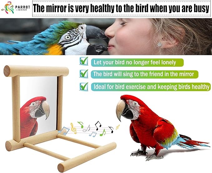 Bllesqelax Bird Parakeet Mirror for Cage,Parrot Perch Stand,Wooden Hummingbird Swing Toy,Parakeet Accessories for Cockatiels Conure Finch Lovebird Canary African Grey Macaw