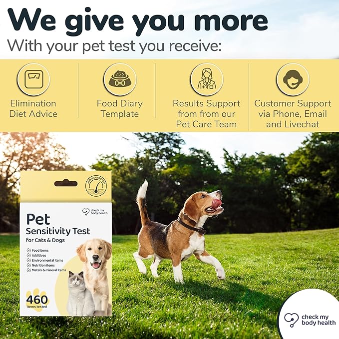 Check My Body Health Pet Sensitivity Test for Cats or Dogs, Easy to Use at Home Food Sensitivity Test for Cats & Dogs, 460 Different Intolerances Tested, Hair Analysis Testing Kit, Results in 5 Days