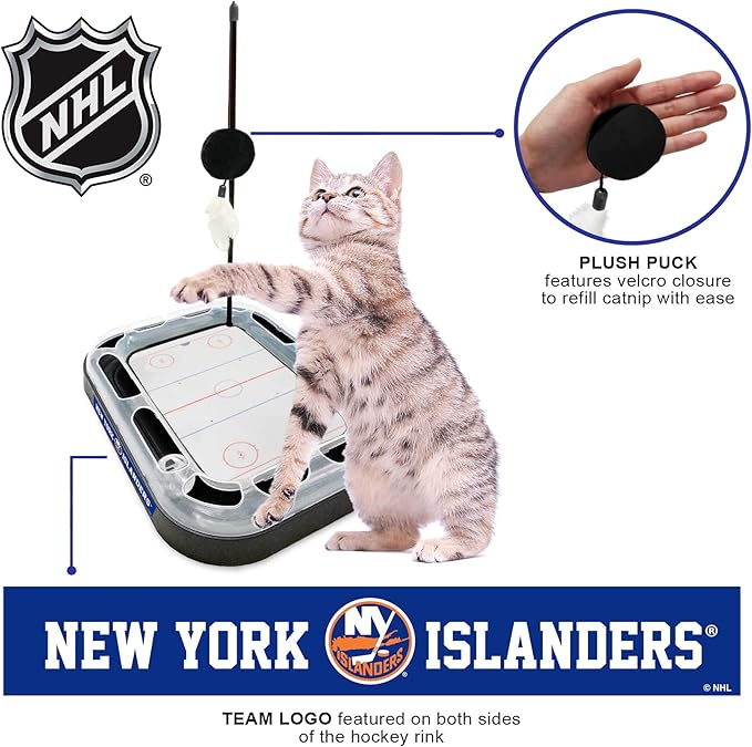 Pets FIrst Cat Scratching Toy NHL New York Islanders Hockey Field Cat Scratcher Tiy with Interactive Cat Ball Bell in Tracks. 5-in-1 CAT Toy