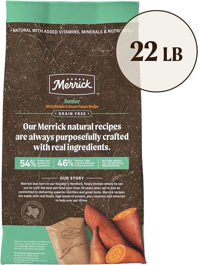 Merrick Premium Grain Free Dry Senior Dog Food, Wholesome and Natural Kibble, Real Chicken and Sweet Potato - 22.0 lb. Bag