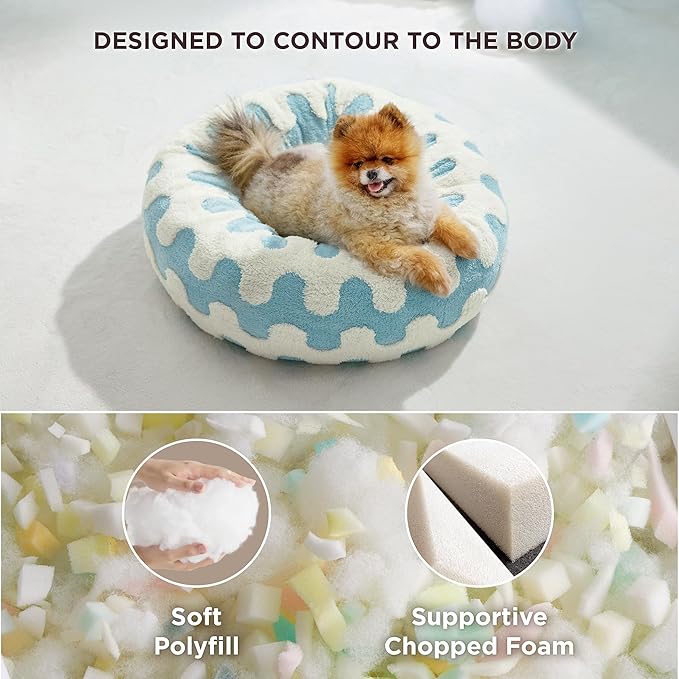 Lesure Donut Small Dog Bed - Round Cat Beds for Indoor Cats Anti-Anxiety Calming Pet Beds, Washable Cute Modern Beds with Teddy Sherpa Plush & Anti Slip Bottom Light Blue