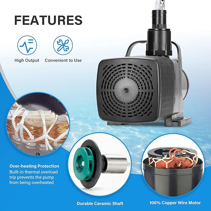 Simple Deluxe 180W 2642GPH Submersible Water Pump(10000L/H), Ultra Quiet(20.7ft High Lift), with 16ft Power Cord for Fish Tank, Pond, Aquarium, Statuary, Hydroponics