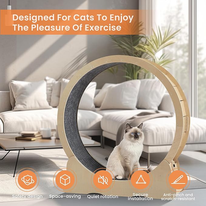 Cat Exercise Wheel,35.8 Inch Cat Wheels for Indoor Cats with Carpeted Runway,Cat Treadmill Running Wheel with Latch,Cat Running Wheel for Cats Daily Exercise and Weight Loss,Natural M