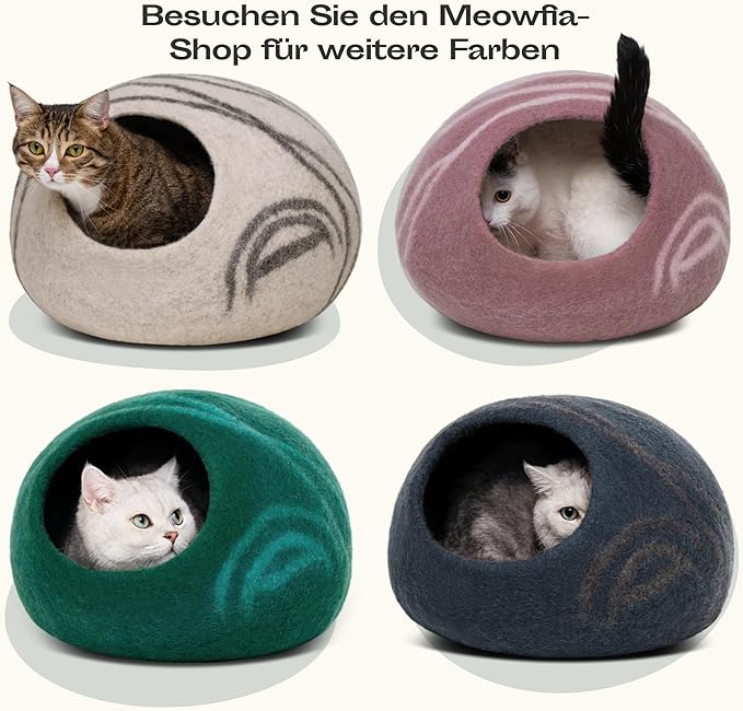 MEOWFIA Premium Felt Cat Bed Cave - Handmade 100% Merino Wool Bed for Cats and Kittens (Light Shades) (Large, Beige)
