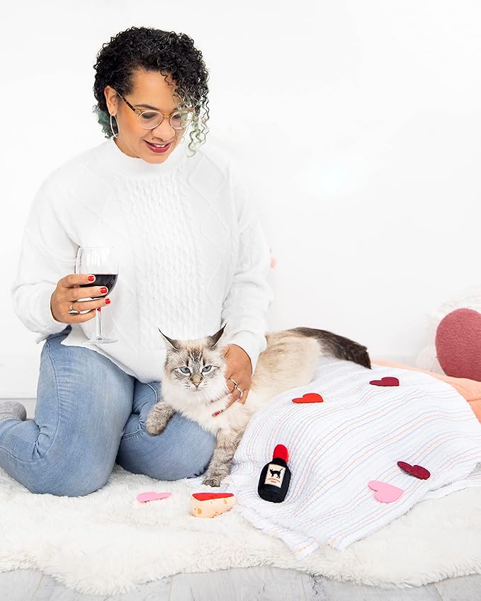 Pearhead Pet Cheese and Wine Plush Cat Toys, Set of 2, Wine and Cheese Catnip Toys, Crinkle Cat Toys, Cat Owner Valentine's Day Keepsake