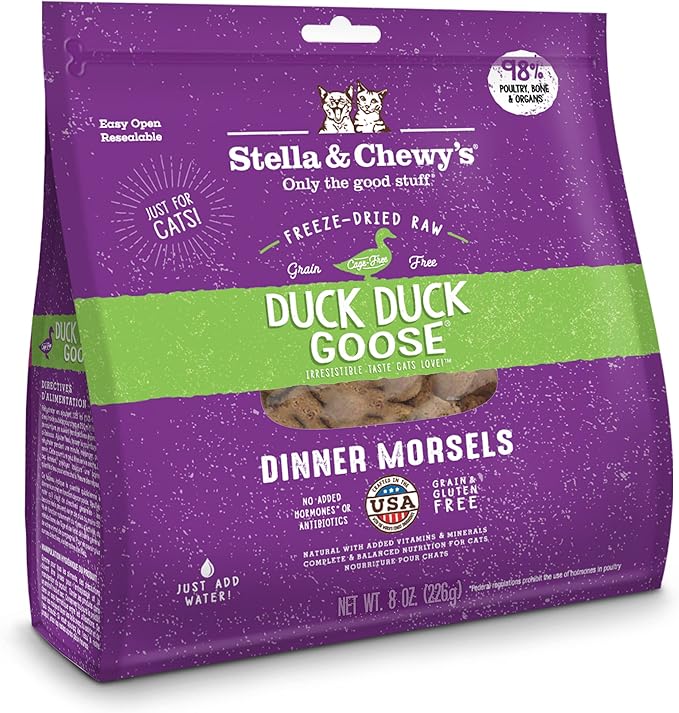 Stella & Chewy's Freeze-Dried Raw Cat Dinner Morsels – Grain Free, Protein Rich Cat & Kitten Food – Duck Duck Goose Recipe – 8 oz Bag
