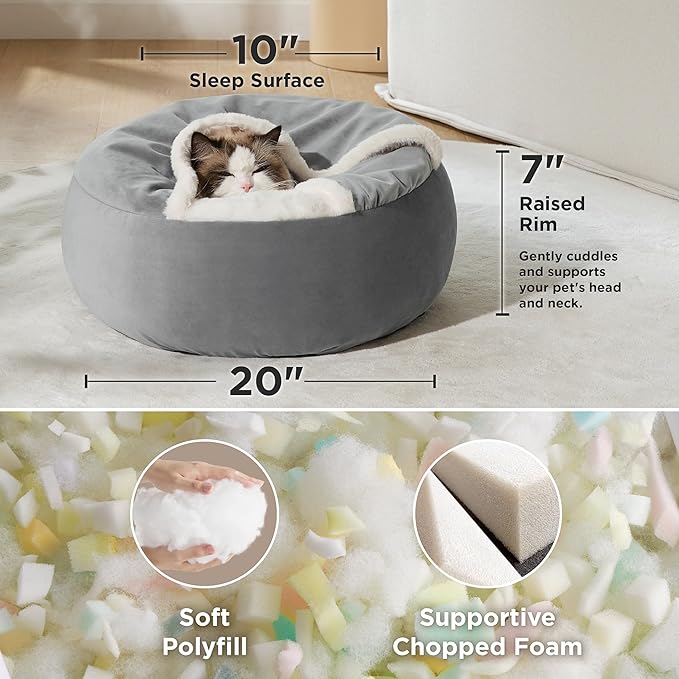 Lesure Cat Bed with Cover Cave - Covered Round Kitten Bed with Hooded Blanket, Machine Washable Burrow Pet Bed for Indoor Cats, Extra Small Cuddler Cozy Cave Puppy Bed with Anti-Slip Bottom, Grey 20"