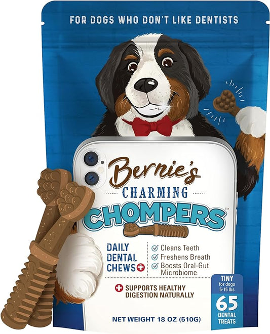 Bernie's Charming Chompers - Daily Dental Chews for Dogs 5-15 Lbs. - 65 Count - Cleans Teeth, Freshens Breath, Boosts Oral-Gut Microbiome. Easy to Digest, Supports Healthy Digestion Naturally